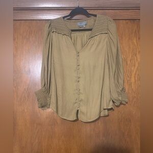 Anthropologie Cacee Jacquard Blouse Med Puff Sleeve Button Smocked Blouse